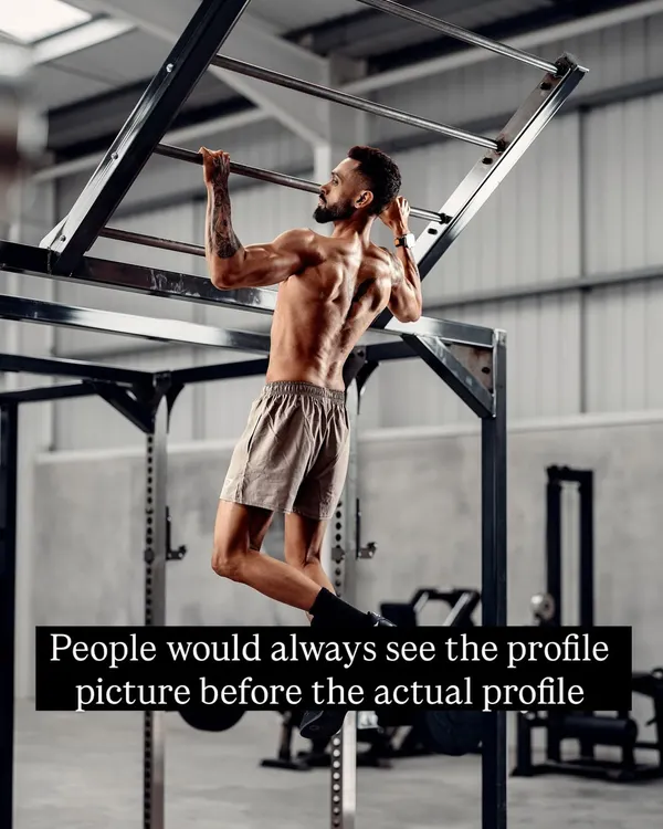 A shot of me performing a pull-up, showcasing back and arm definition. The caption reminds you that how you feel about yourself changes everything.