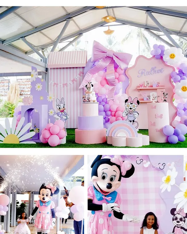 A magical Minnie Mouse and Daisy Duck party in pastel pinks and purples. This collage shows the full, elaborate setup and the birthday girl's grand entrance with a Minnie mascot and sparklers.