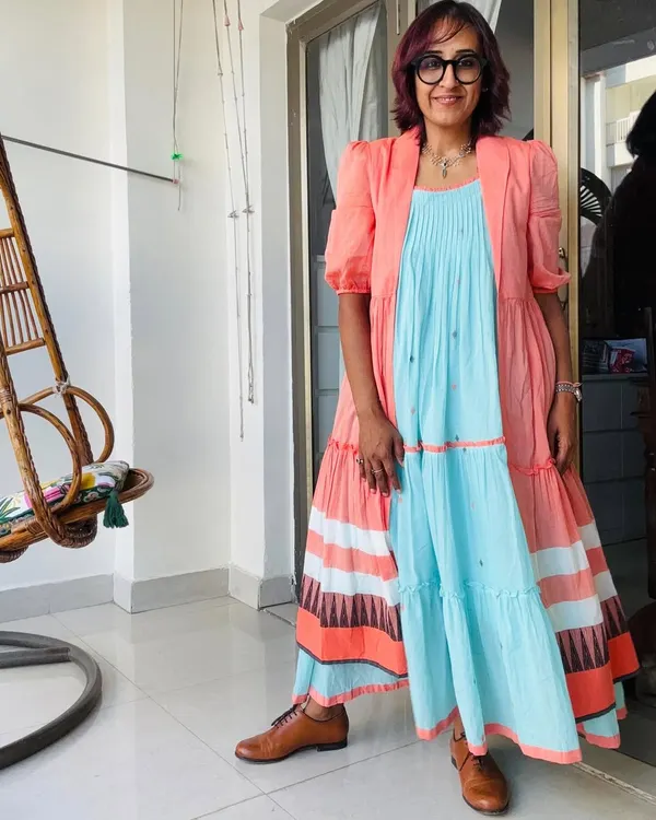 Today was a dressy day for a meet-up. I'm wearing a beautiful dress from a local brand in Vizag, paired with hand-stitched leather brogues and a treasured neckpiece from an artist I admire.