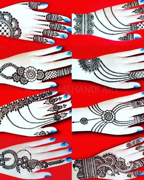 This collection shows various back-of-hand designs that mimic hand jewellery. From delicate chains connecting the finger and wrist to bracelet-like patterns, these are perfect for a chic, modern look.