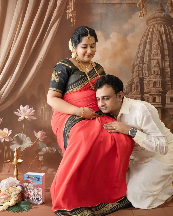 A beautiful couple's portrait in a traditional setting, where the father-to-be listens lovingly to the baby bump. This captures a classic moment of anticipation in a South Indian maternity shoot.