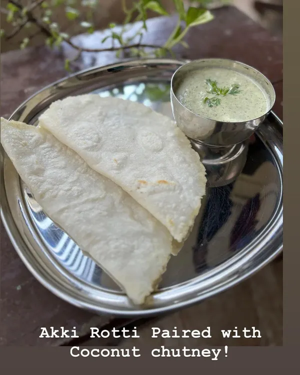 My signature Akki Rotti, a soft and thin flatbread made from rice flour. It's a healthy, gluten-free option that pairs perfectly with my fresh coconut chutney.