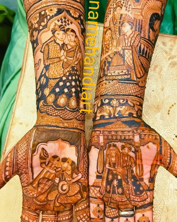 This is what I call telling a story with mehandi. This full bridal design features four unique portraits and scenes from the couple's life, covering both hands and arms in beautiful, dense patterns.