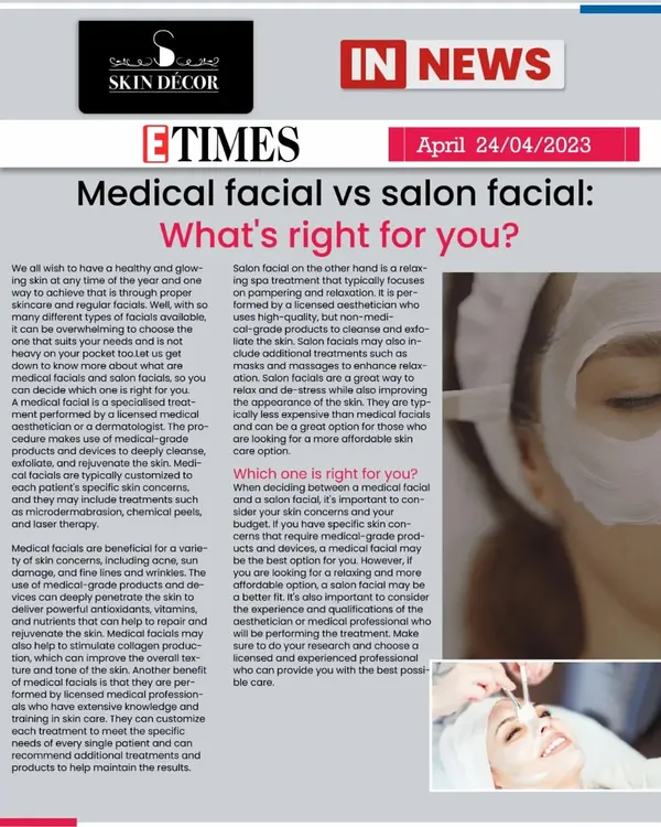I was featured in Etimes explaining the difference between a medical facial and a regular salon facial. This is important because what I do is not a temporary fix. It's a science-backed, medical-grade procedure for real skin improvement.