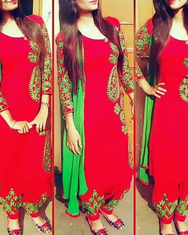 A vibrant red and green salwar suit with beautiful side embroidery. We ensure the fit of the kameez and salwar is comfortable and flattering for your body type.