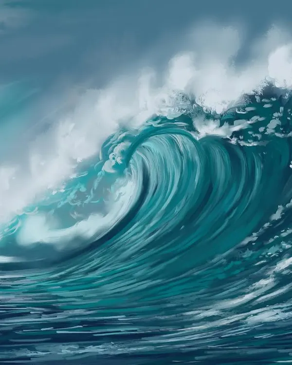 The immense power and beauty of an ocean wave. This digital painting is a study in movement and light, showing my ability to create dynamic and realistic seascapes.