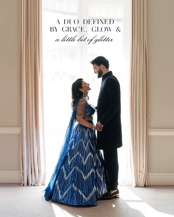 A duo defined by grace, glow, and a little bit of glitter. This is the moment we style for, where two people look perfectly in sync, their outfits telling a shared story of modern romance for their Sangeet night.
