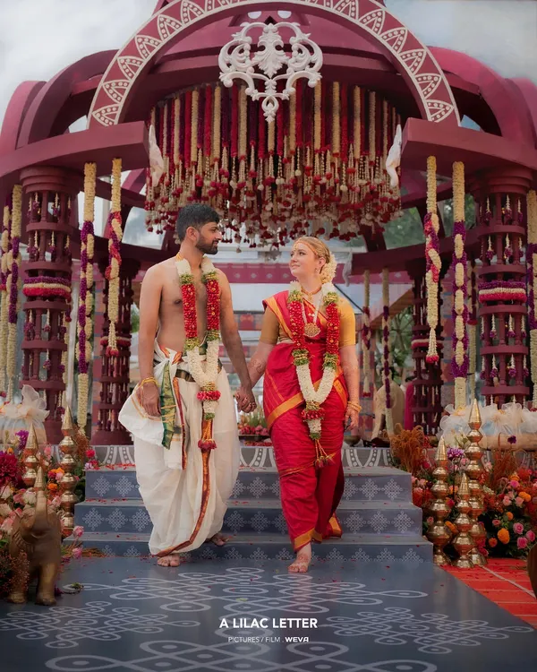 A magnificent Iyer wedding scene. The groom's panchakacham veshti and angavastram are draped in the traditional way, essential for performing the wedding rituals correctly and looking authentic.
