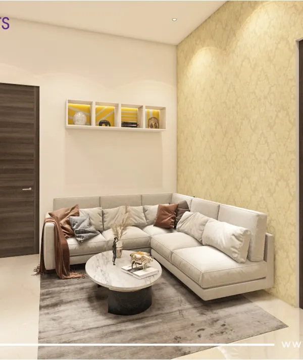 This cozy living room corner at our 'Majestic Fortune' project is all about comfort. The L-shaped sofa creates an intimate space for family chats, while the warm, textured wallpaper adds a touch of traditional charm.