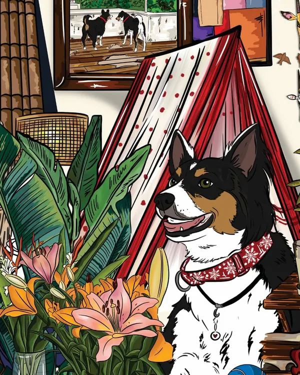 A close-up from a custom Christmas illustration, showing a beloved family dog ready for the holidays. It's these personal details that make a piece special.