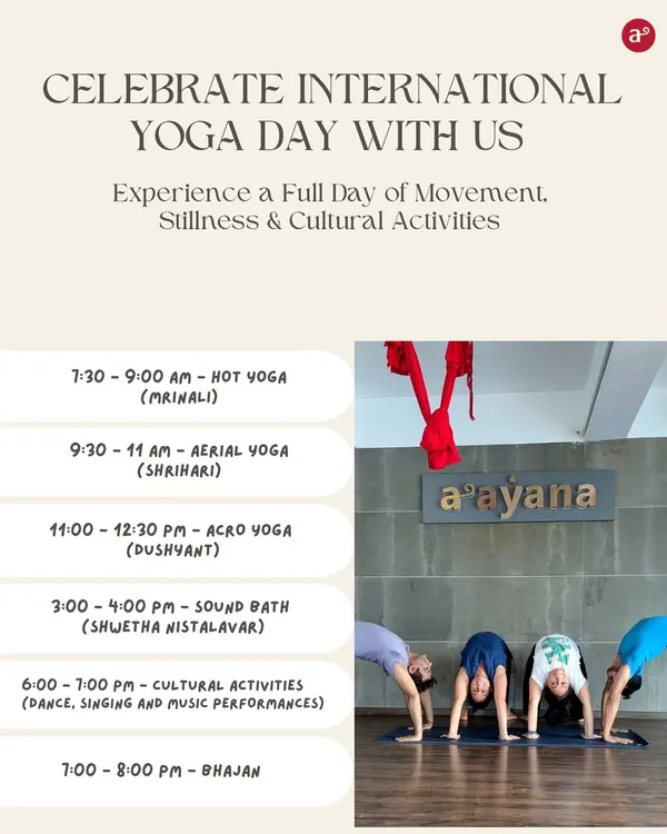 Celebrate International Yoga Day with us. This poster outlines a full day of free activities, from Hot Yoga and Aerial to a cultural fiesta and Bhajans. It's a day to reconnect with yourself and our community.