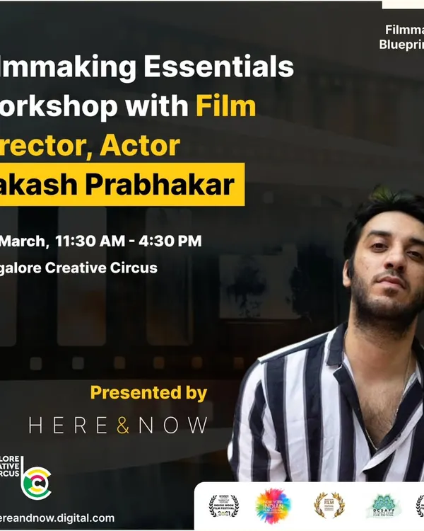 A poster for our one-day Filmmaking Essentials Workshop with director and actor Aakash Prabhakar. This session offers a comprehensive overview of pre-production, production, and post-production.