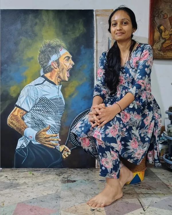 Here I am with the finished 4x2.5 ft Roger Federer canvas painting. It's always a proud moment to see the final result of many hours of work, especially when it captures such a powerful expression.