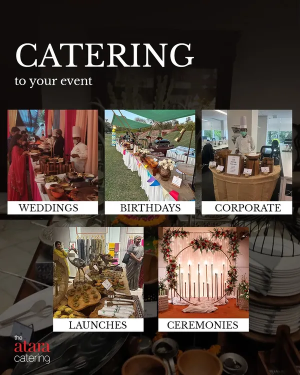 A collage showcasing the variety of events we cater to, including weddings, birthdays, corporate functions, launches, and ceremonies. We adapt our style and menu for each unique occasion.
