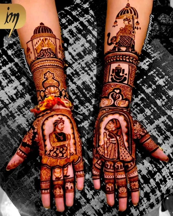 This is the kind of full bridal mehndi I am known for. It includes detailed portraits of the bride and groom, a traditional doli scene for the bride's farewell, and a figure of Lord Ganesha to bring blessings to the new beginning. Every element is carefully drawn to tell a complete wedding story.
