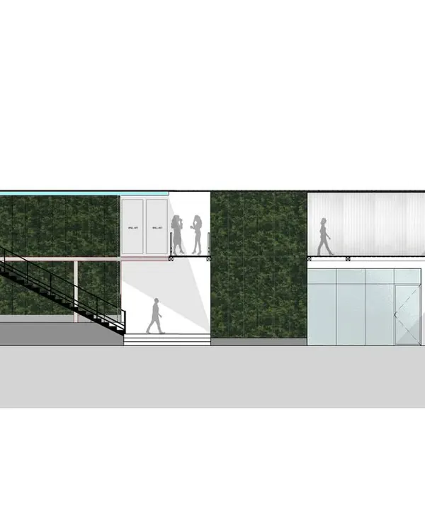An elevation drawing of our studio, illustrating the integration of a green wall and the seamless transition between levels. This is a foundational step in our process, where we map out the spatial experience.