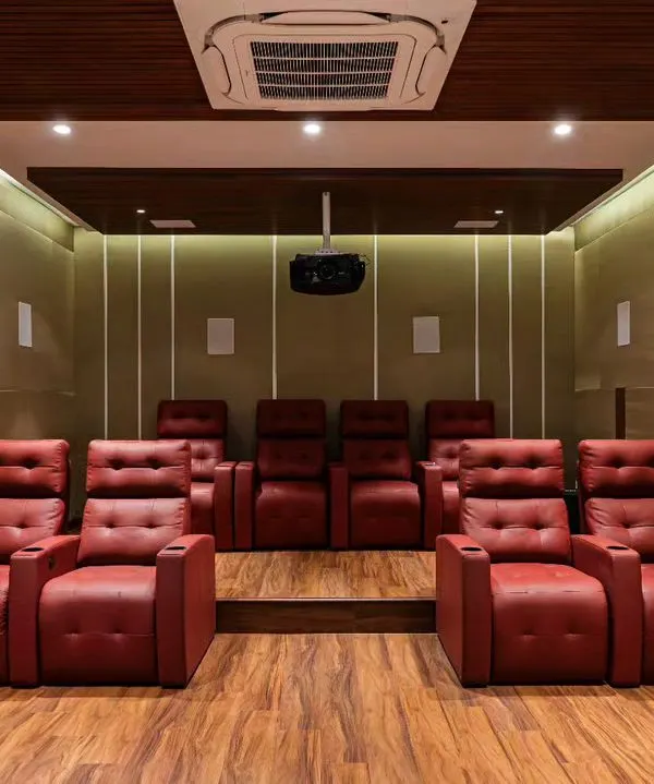 This private home theater is the ultimate space for sports and movie lovers. With two tiers of comfortable leather recliners and professionally installed speakers, it offers an immersive experience right at home.