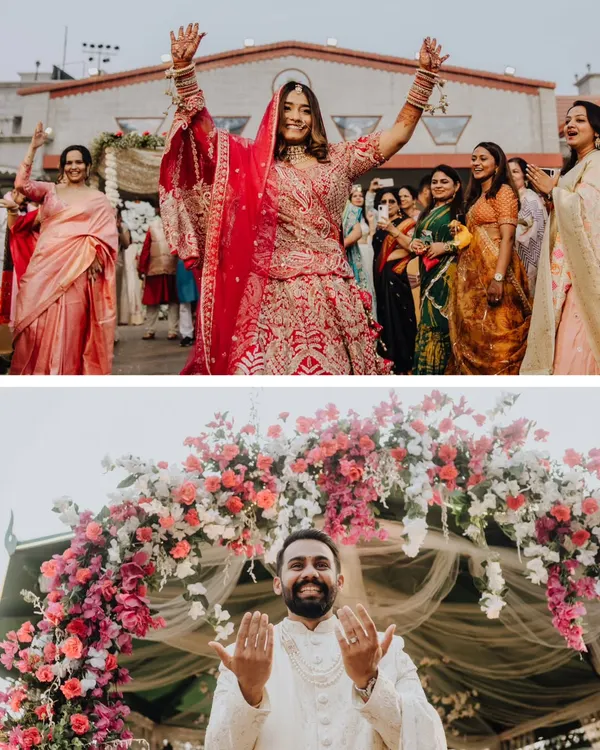 The bride and groom making their separate, joyous entrances. Her with her hands up in the air, him with a look of happy prayer.