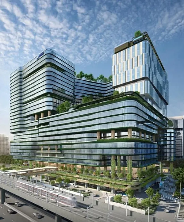 A conceptual rendering of the NESCO Centre Building II in Mumbai, a large-scale mixed-use development designed to foster a dynamic urban campus environment. This project showcases our expertise in creating integrated live-work atmospheres with a focus on sustainable, biophilic design.