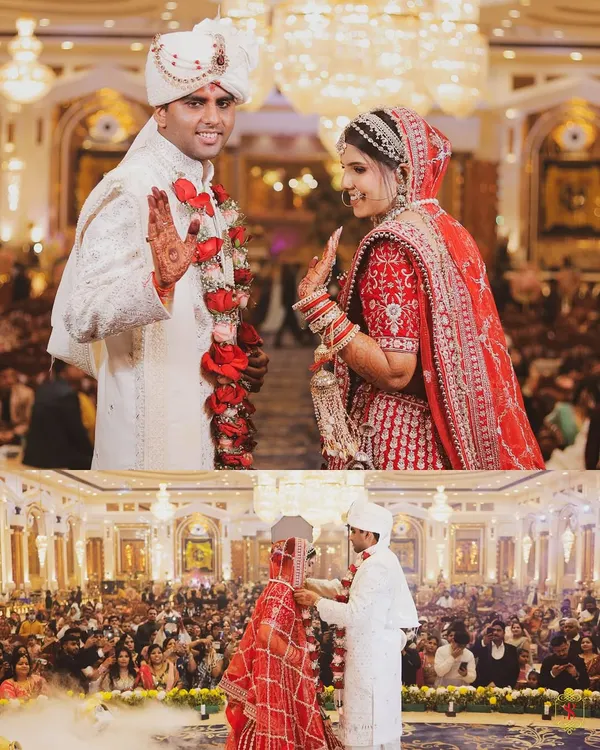 A collage of the Varmala ceremony, showing the couple exchanging garlands on a grand stage in front of all their guests.