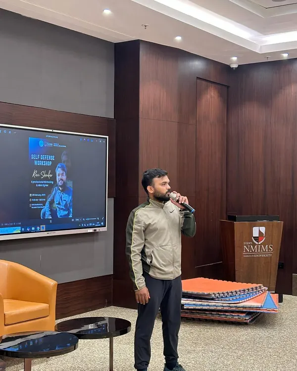 Addressing the students at NMIMS college before our self-defense workshop begins. I focus on teaching awareness as the first line of defense.