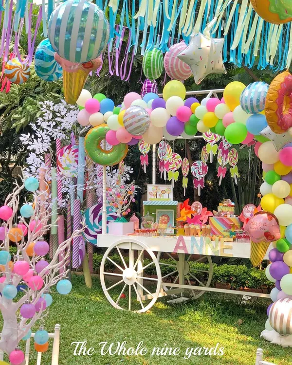 This elaborate Candyland birthday party is one of my favorite thematic events. I designed every detail, from the custom candy cart and balloon arch to the colorful streamers and oversized lollipop props, to create a truly magical and sweet celebration.