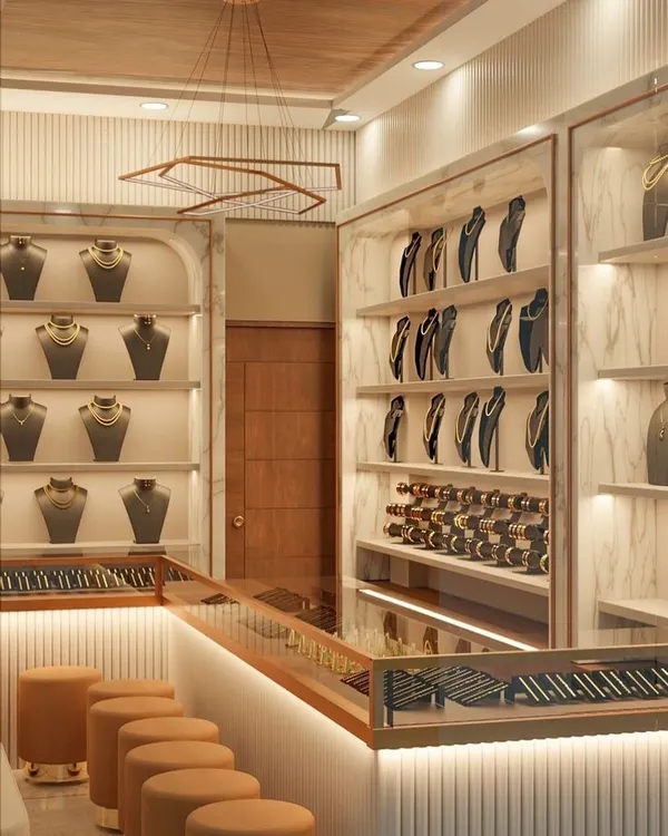 For this jewelry showroom, the goal was to create a bright, luxurious, and inviting space. I used warm lighting, reflective surfaces, and clean lines to make the jewelry the star of the show. The design includes custom display cases and comfortable seating for a premium customer experience.