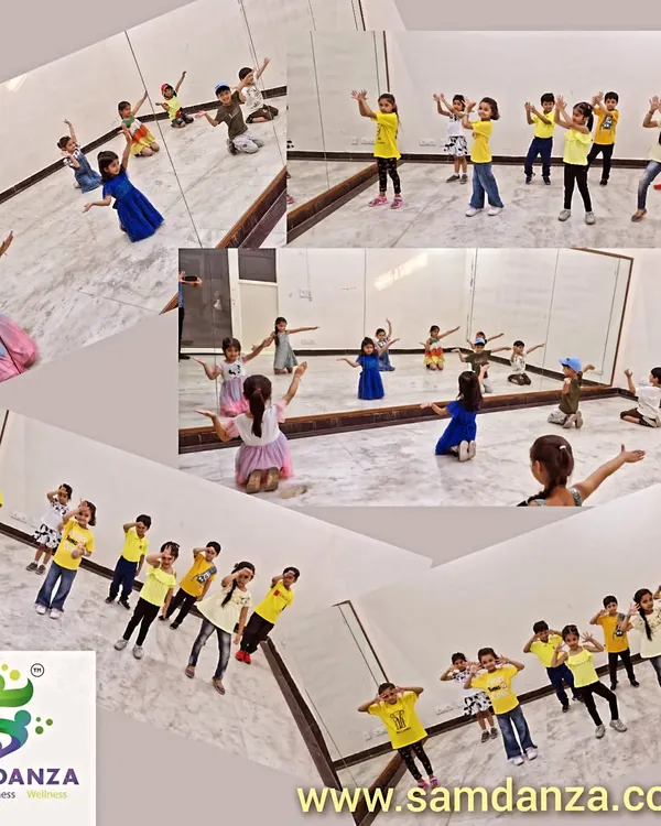 A collage capturing the fun and dynamic atmosphere of our kids' group classes. You can see the students learning choreography and expressing themselves in our bright, open studio space.