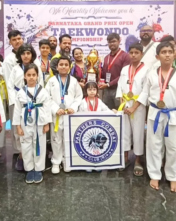 The results of dedication. Our team proudly displays a haul of 14 Gold, 12 Silver, and 5 Bronze medals from the Karnataka Grand Prix Open Taekwondo Championship. We train to win, and we win as a team.