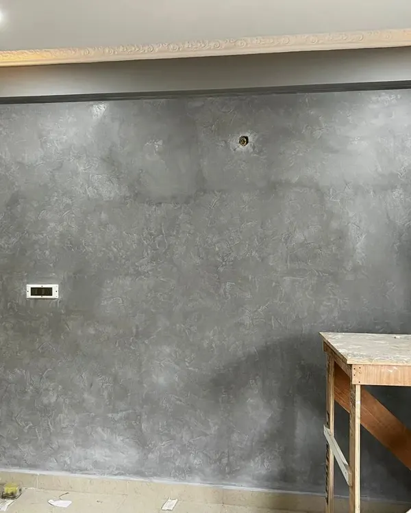 A sophisticated grey Marmorino texture finish, giving the wall a subtle, stone-like appearance that adds depth and an industrial-chic feel.