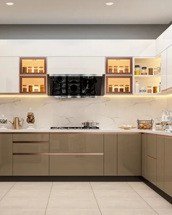 This stunning U-shaped kitchen from a luxury villa project features high-gloss beige cabinets and a white marble backsplash. The design includes illuminated display cabinets and handleless drawers for a sleek, modern finish.