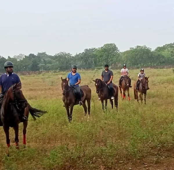 A group of riders out on a trail ride, exploring the green fields around our farm. These rides are a great way to relax and enjoy horsemanship in a natural setting.