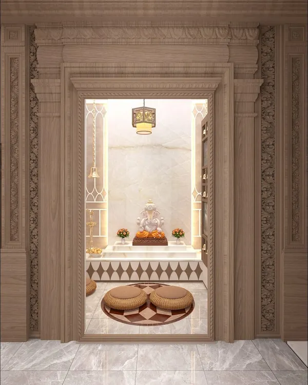 A sacred space where elegance meets devotion. This beautifully crafted mandir design features an ornate wooden frame, intricate carvings, and soft lighting to create a serene corner for your prayers.
