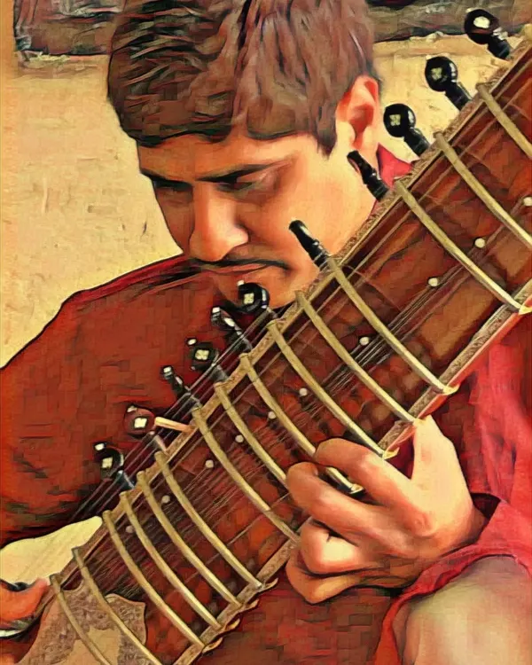 A portrait with my sitar, captured in a moment of musical thought.