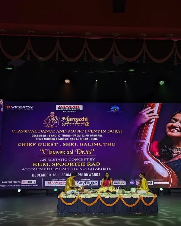 Performing at the "Margazhi in Dubai" event. It was a grand stage with a massive screen, and a wonderful experience to bring the spirit of the Chennai music season to the UAE.