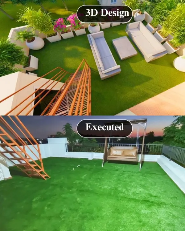 What you see is what you get. This comparison shows how our detailed 3D design for a terrace, including a shingles pergola and CNC frames, was brought to life with flawless execution, matching the vision perfectly.