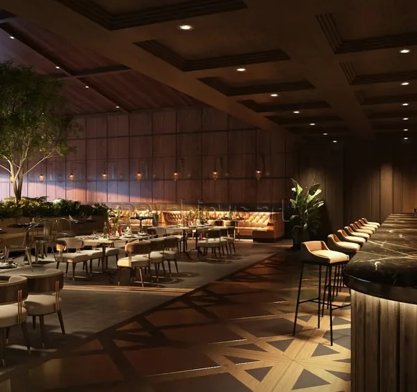 The interior of The Foresta's main restaurant was designed to be an experience of opulent luxury. I used rich wood textures, a dramatic coffered ceiling, and an indoor tree to create an atmosphere that is both refined and deeply inviting.