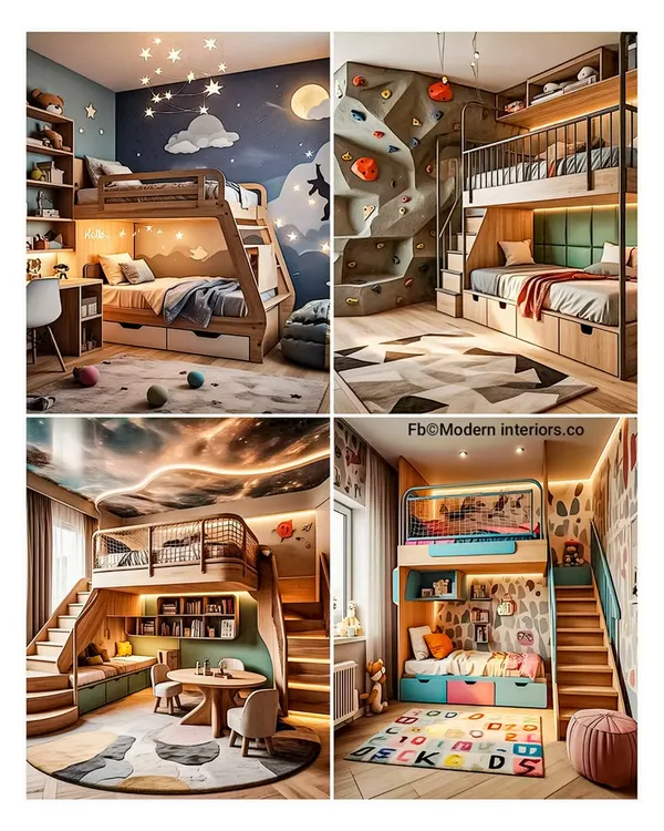 Here are some of my favorite ideas for kids' bunk beds! I love incorporating fun themes like starry nights and adventure walls with climbing holds to make bedtime the best time. Each design includes smart storage solutions like under-bed drawers to keep the room tidy.