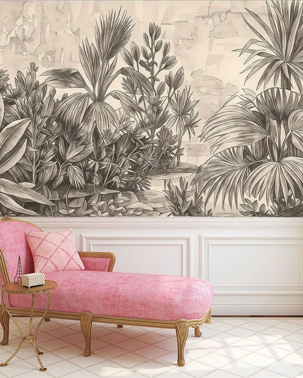 A classic and sophisticated sketch-style wallpaper of a tropical jungle, paired with elegant wainscoting and a pink chaise lounge.