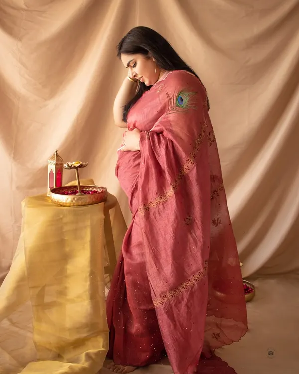 A graceful solo portrait of a mother-to-be in a beautiful pink saree. The peacock feather is a lovely traditional touch, often associated with new beginnings.