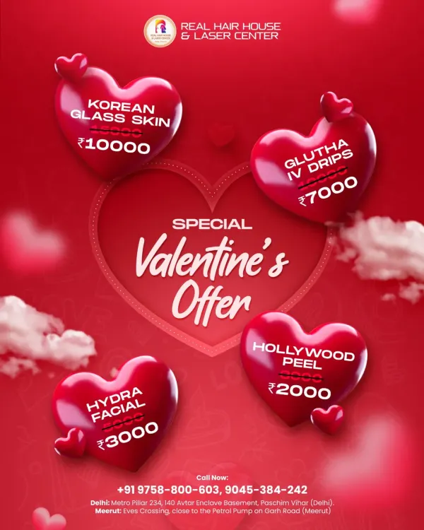 This Valentine's, give your skin some love with my special offers. Get amazing discounts on popular treatments like Korean Glass Skin, Gluthatione IV Drips, Hollywood Peel, and Hydra Facial for a radiant, flawless look.
