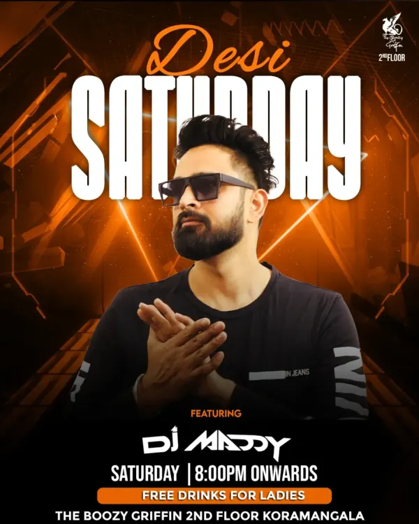 Kicking off a 'Desi Saturday' at The Boozy Griffin in Koramangala. These nights are all about high-energy commercial and desi hits.