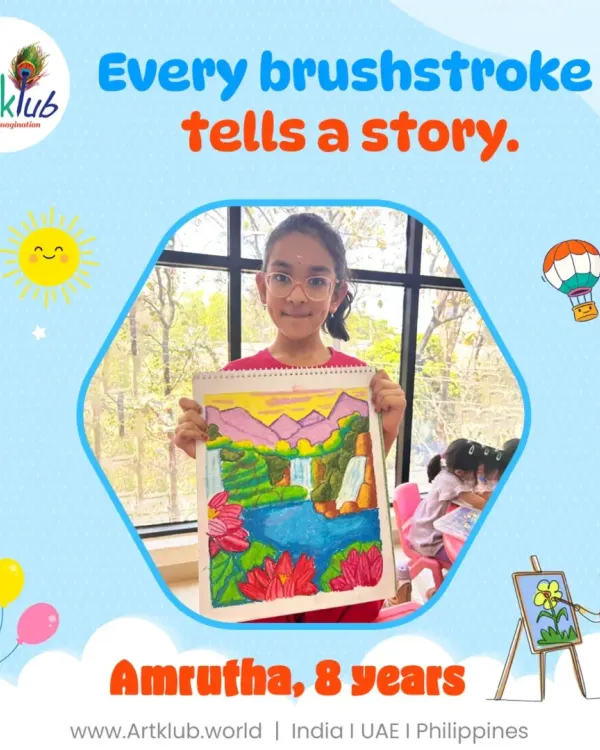 Every brushstroke tells a story in 8-year-old Amrutha's vibrant waterfall landscape, a perfect example of her growing artistic skills.