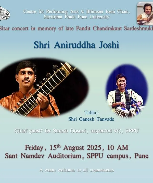 The official poster for my sitar concert at Savitri Bai Phule Pune University, held in memory of Pandit Chandrakant Sardeshmukh.