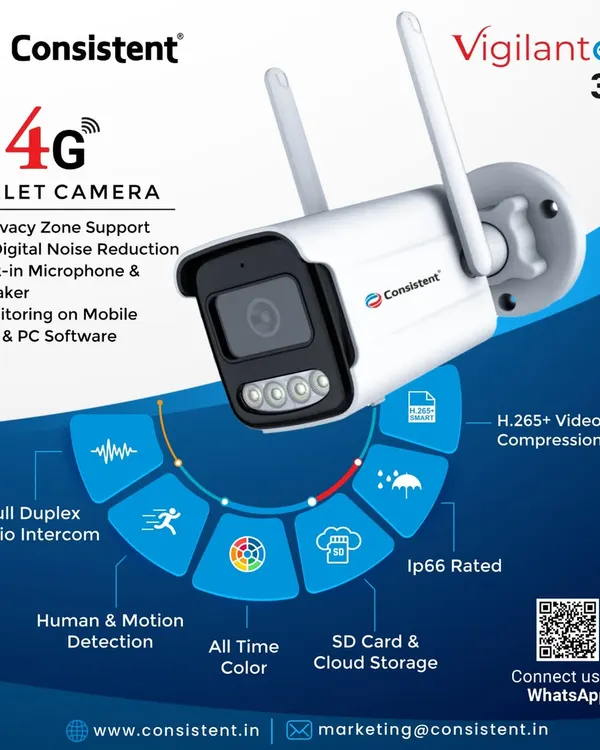 This is our 3MP 4G CCTV Color Bullet Camera, featuring our Vigilanteye technology. It operates on a 4G network and includes human and motion detection, full duplex audio, and an IP66-rated body to withstand harsh outdoor conditions.