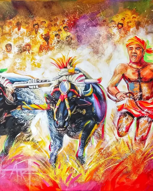 The Kambala in full force. This acrylic painting captures a runner guiding his buffaloes through the muddy track, surrounded by the roar of the crowd. It's a moment of pure power and tradition.
