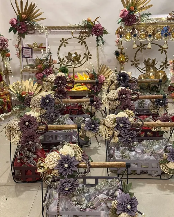 For Diwali, I love creating an atmosphere of abundance and beauty. This is a look at my workshop filled with custom bulk orders, featuring floral baskets and decorated hampers, each ready to bring joy to a new home.