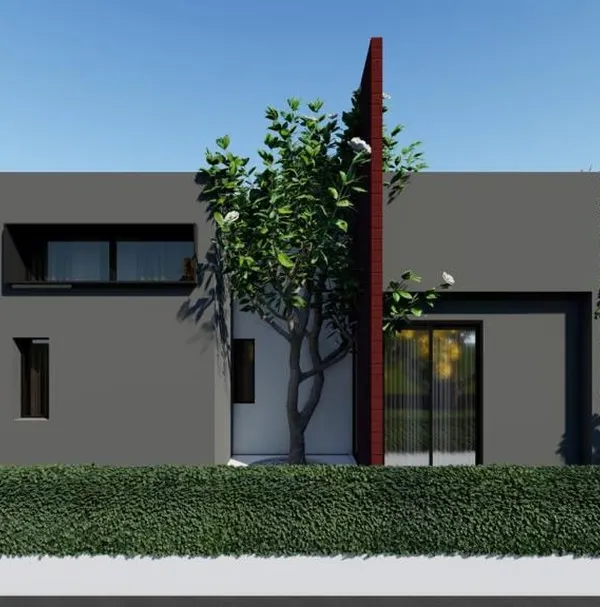 The front elevation of a minimalist villa, where a single tree is used as a natural centerpiece. The design emphasizes privacy with a dense hedge, creating a secluded and modern residential retreat.