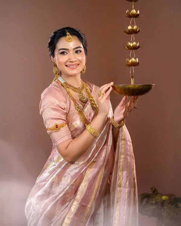 Elegance with traditional charm. This look, created for a photoshoot, showcases a classic South Indian style with a luminous base, defined eyes, and traditional gold jewellery.