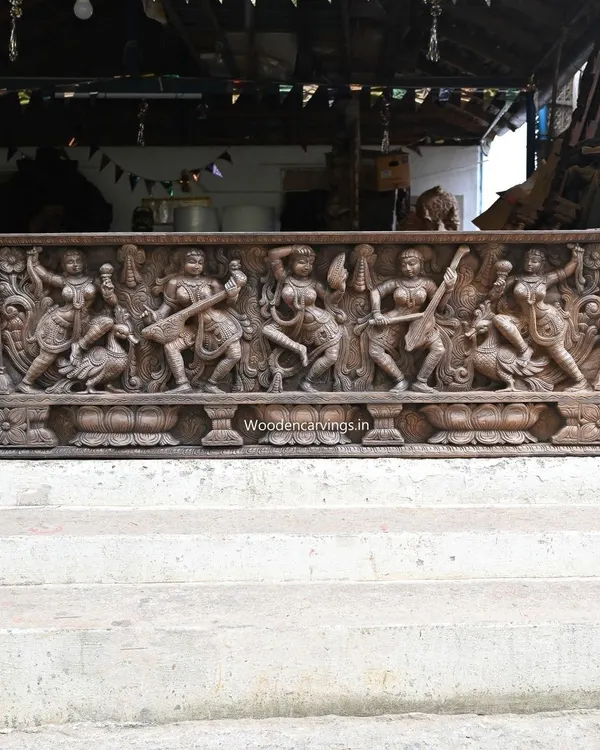 This 73-inch horizontal panel depicts celestial Apsaras in various graceful poses, some playing musical instruments. The full-length view showcases the rhythmic composition and the incredible detail across the entire piece, making it a stunning work of art for a large wall.